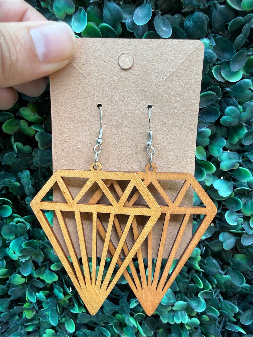 Hand Crafted Wooden Geometric Diamond Drop Earrings in Natural Brown